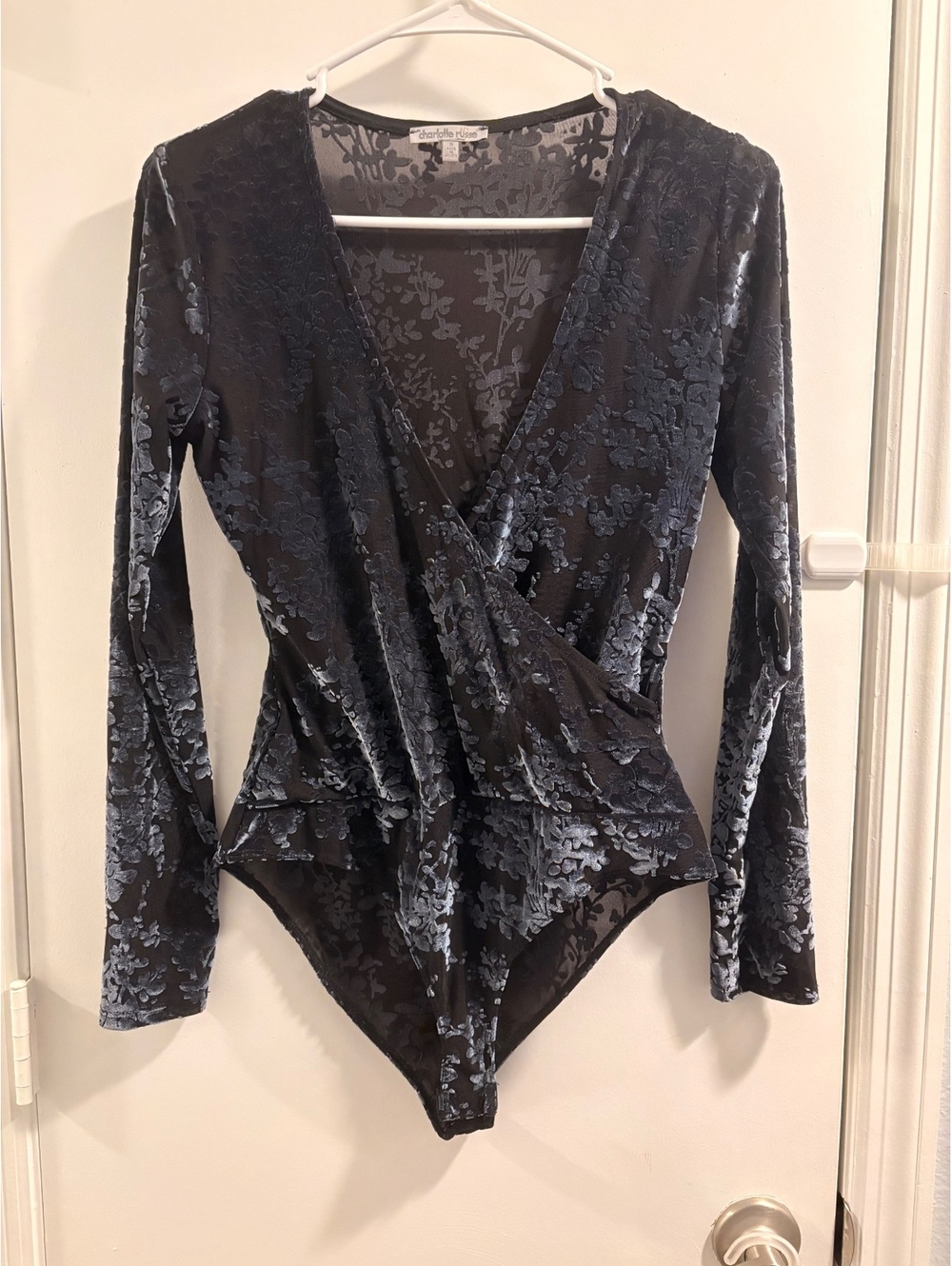 Sheer Mesh Floral Velvet Burnout Long Sleeve Bodysuit